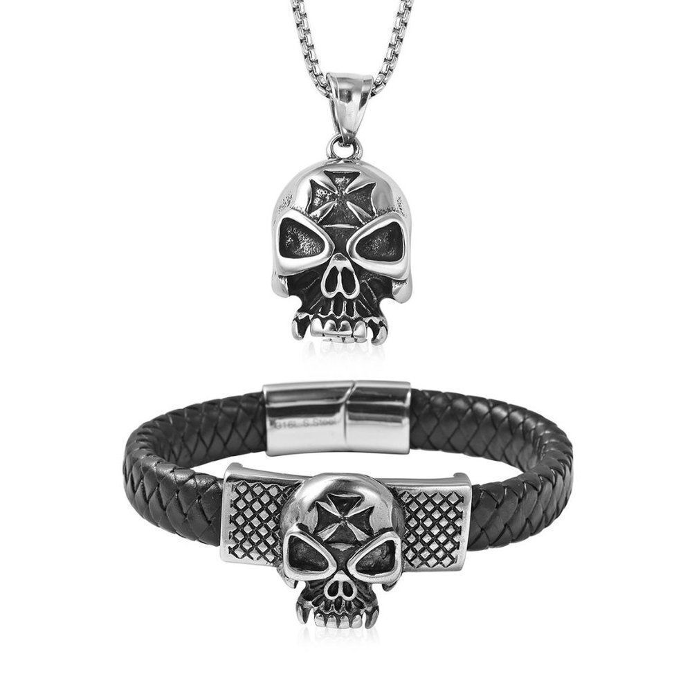 Skull Leather Bracelet  and Pendant Necklace